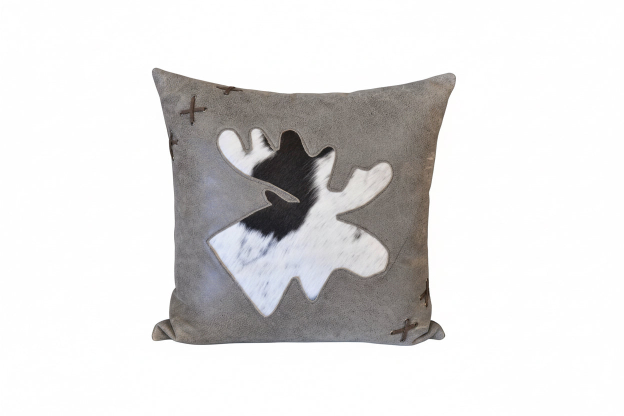 Rustic leather and hair on hide moose pillow