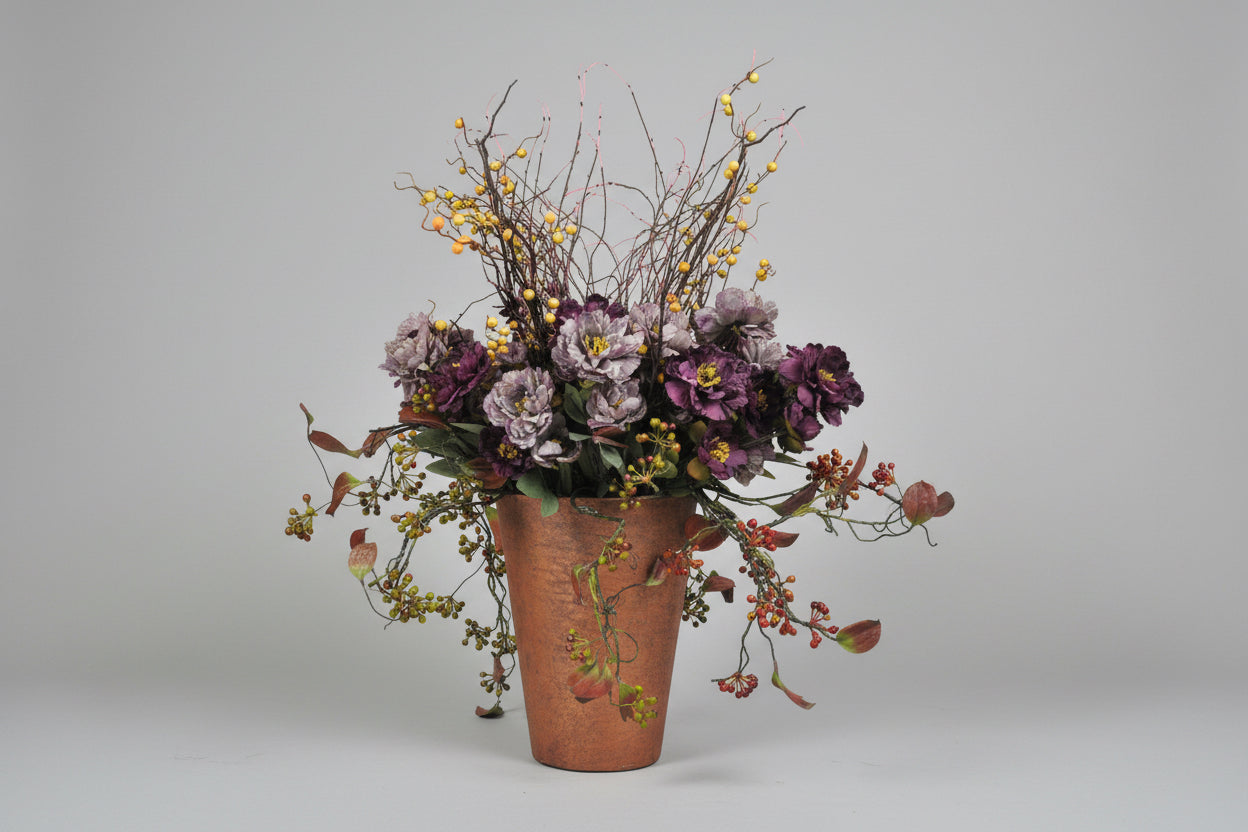 Tall Copper Vase w/ Purple Flowers Floral Arrangement