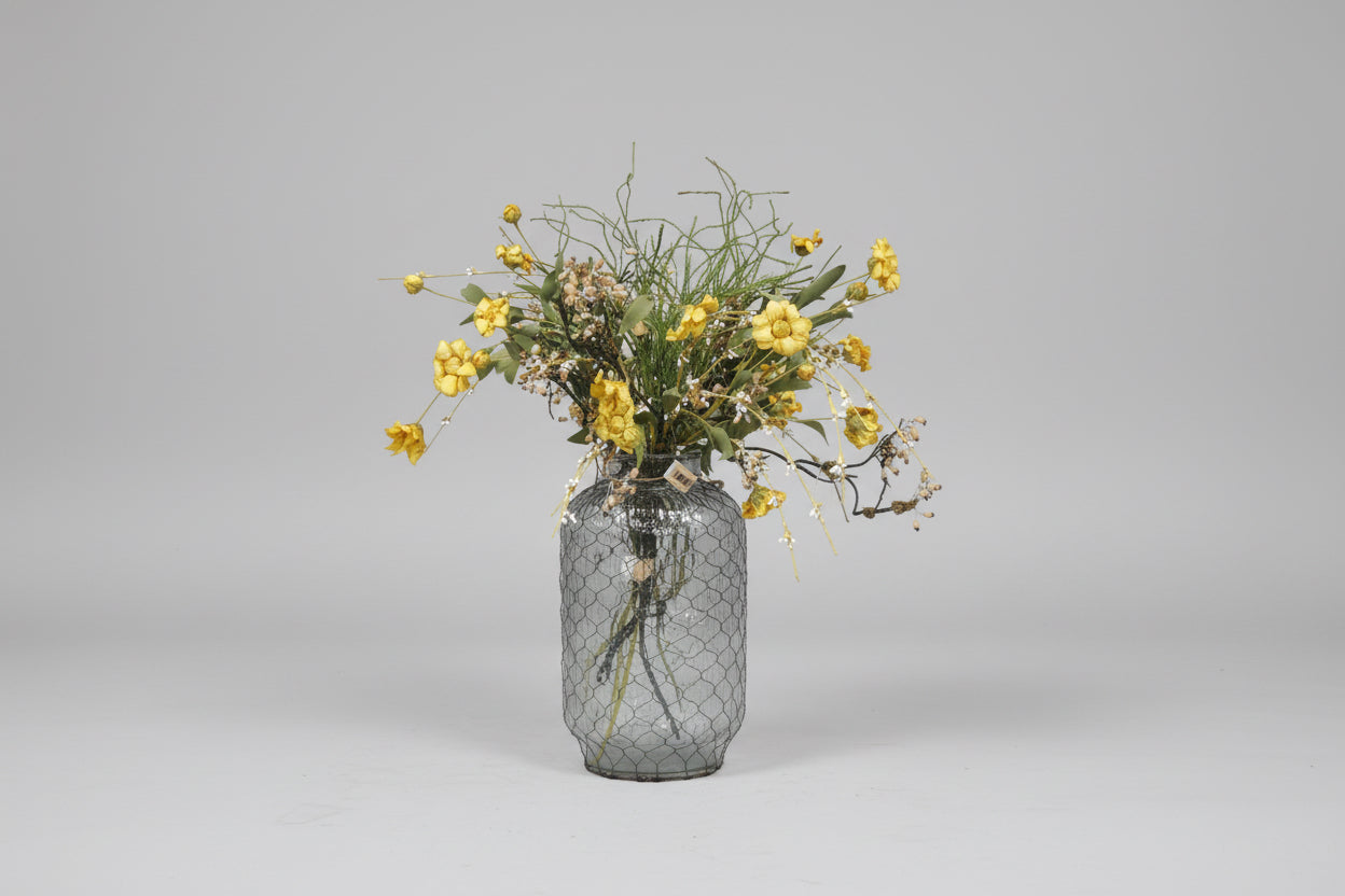 Wire Vase Yellow Flower Floral Arrangement