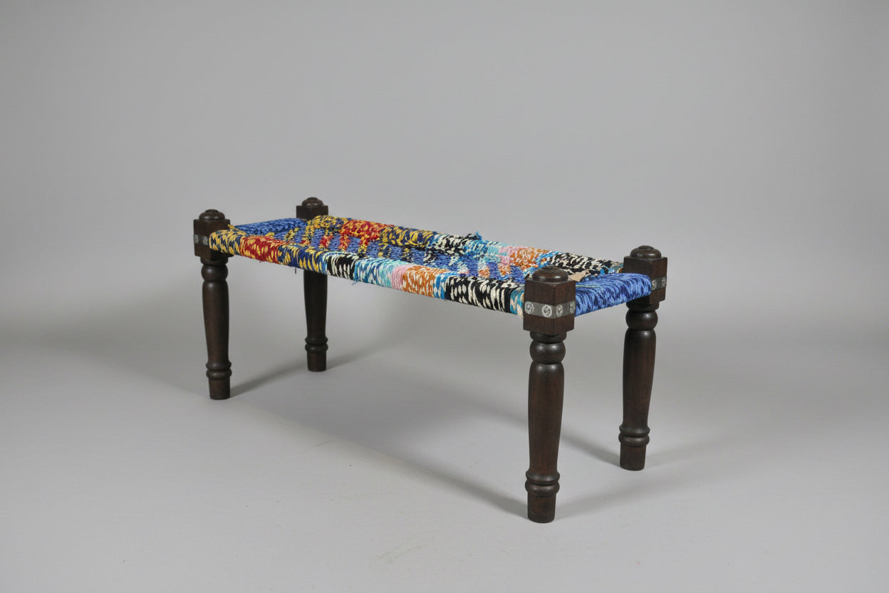 Wood/ Multi Colored Woven Bench