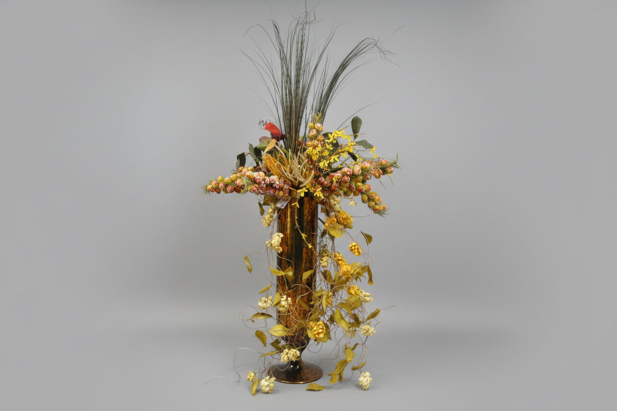 Tall Amber Vase Floral Arrangement with Fall Poms and Tall feathers