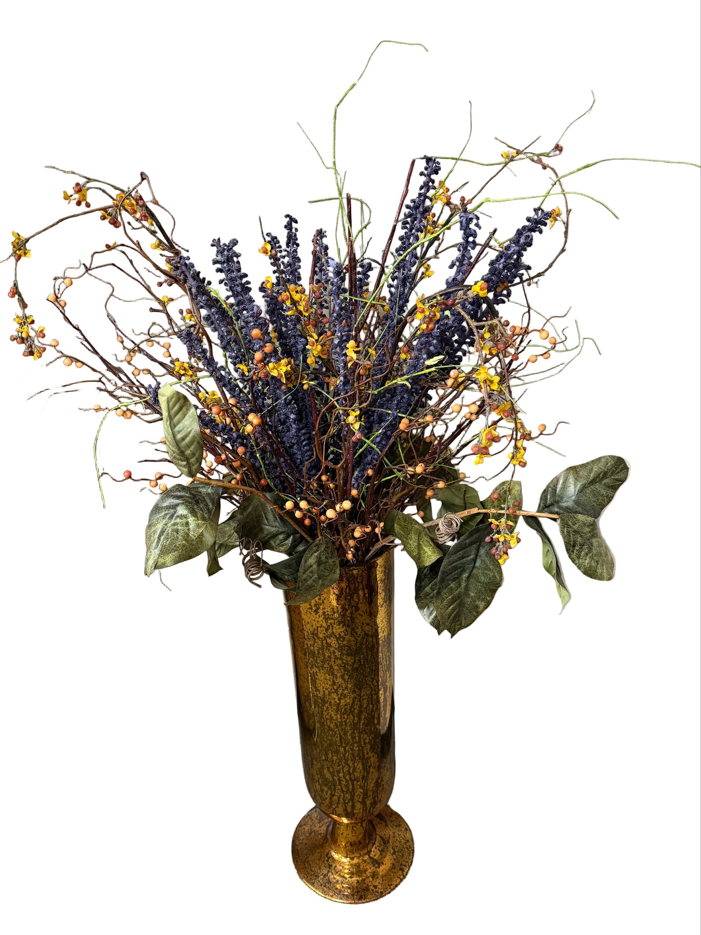 Tall Amber Vase with Purple and Bitter Sweet Floral Arrangement