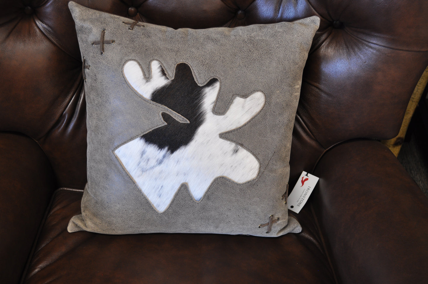 Rustic leather and hair on hide moose pillow