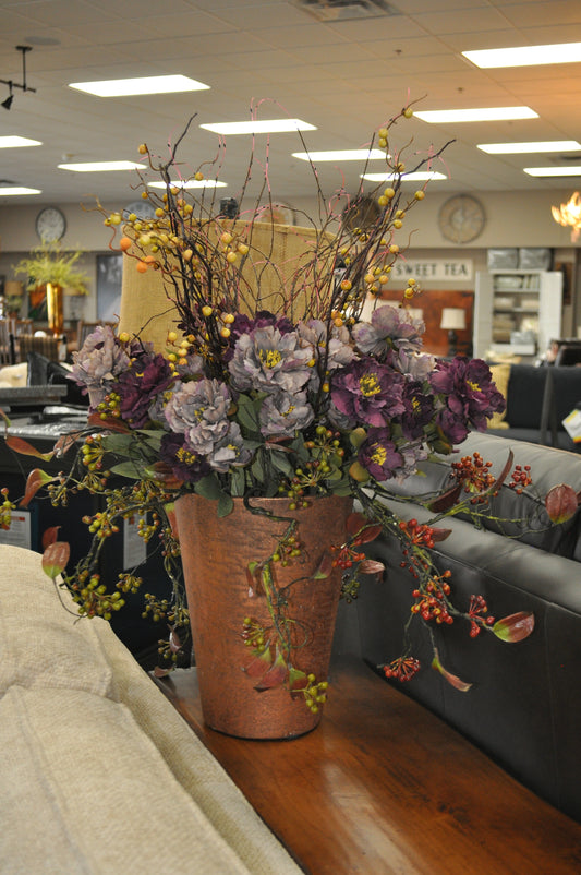 Tall Copper Vase w/ Purple Flowers Floral Arrangement