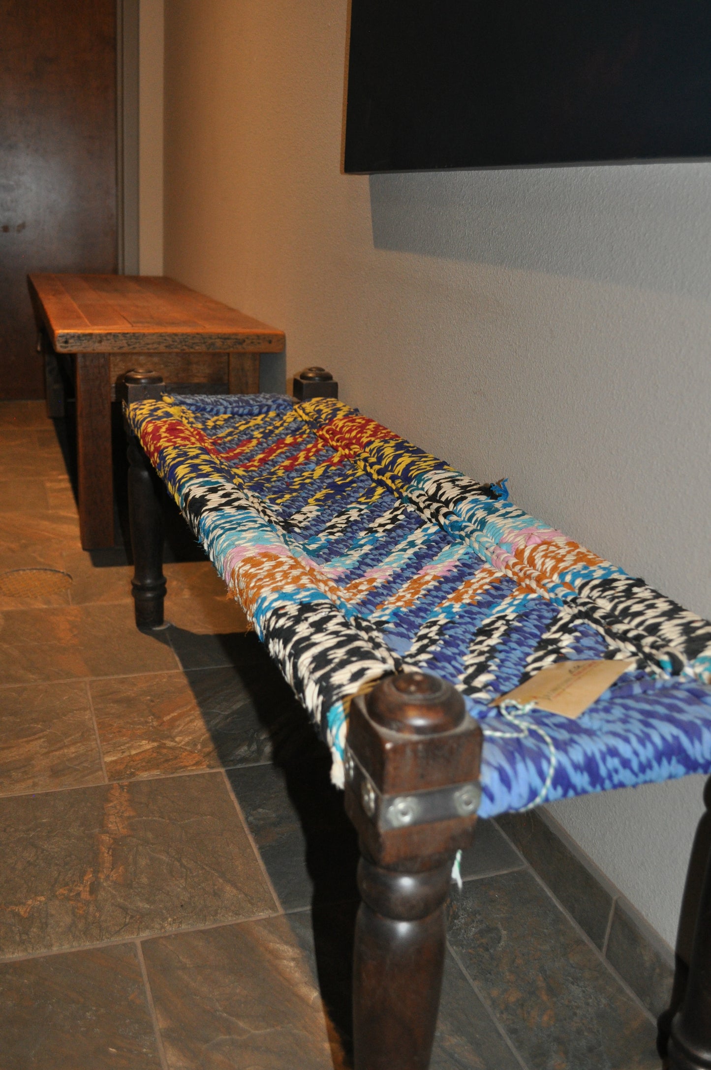 Wood/ Multi Colored Woven Bench