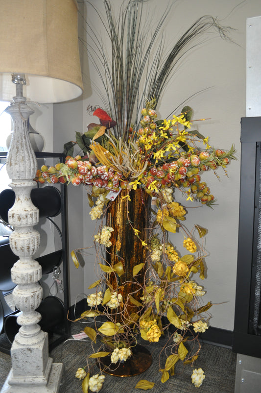 Tall Amber Vase Floral Arrangement with Fall Poms and Tall feathers