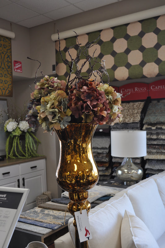 Tall Amber Vase with Multicolored Hydrangeas