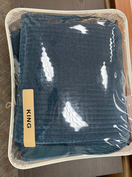 Deep Blue Stone Washed Cotton Velvet King Quilt