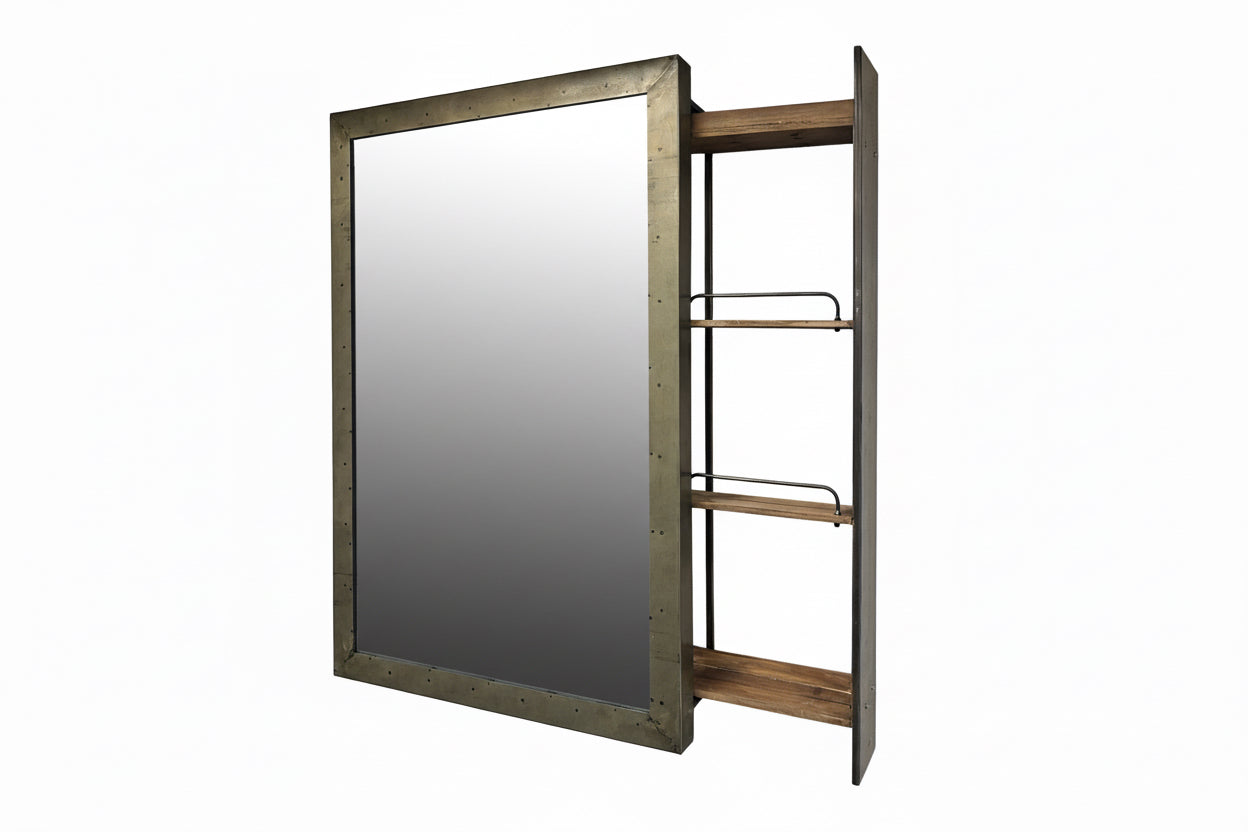 Rustic Mirror with Rolling Shelves on Sides