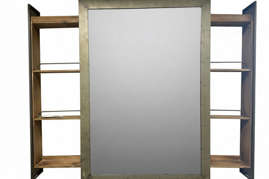 Rustic Mirror with Rolling Shelves on Sides