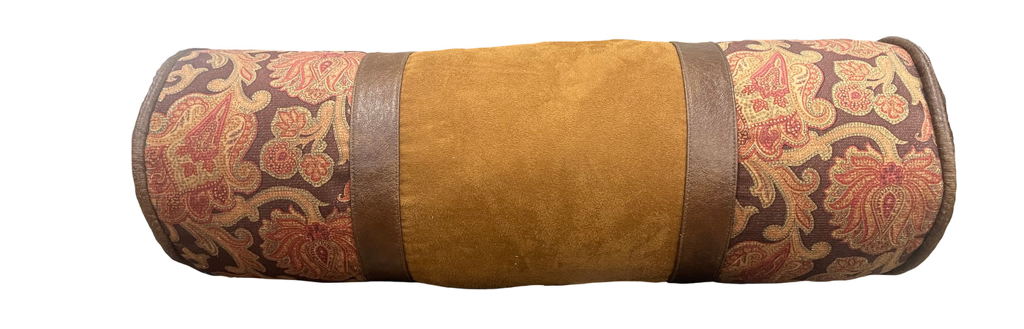 Brown Leather and Floral NeckRoll Pillow