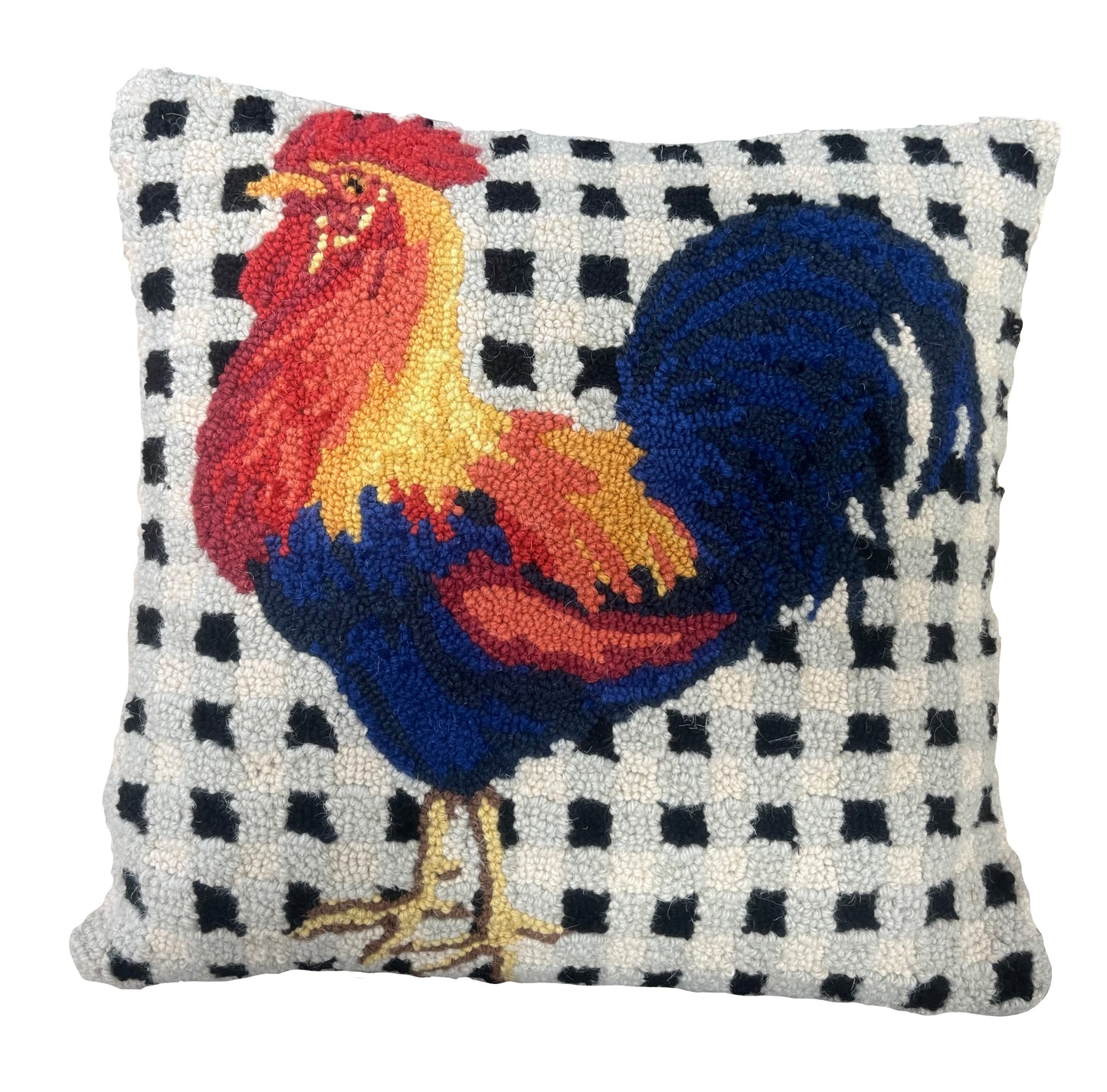 Blue and red rooster hook pillow