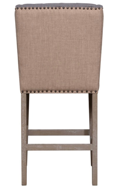 Grey Tufted Barstool with Tan Back and Nails