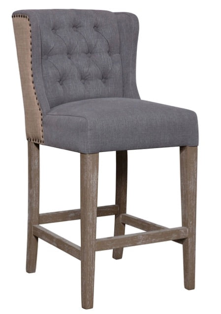 Grey Tufted Barstool with Tan Back and Nails