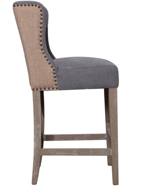 Grey Tufted Barstool with Tan Back and Nails